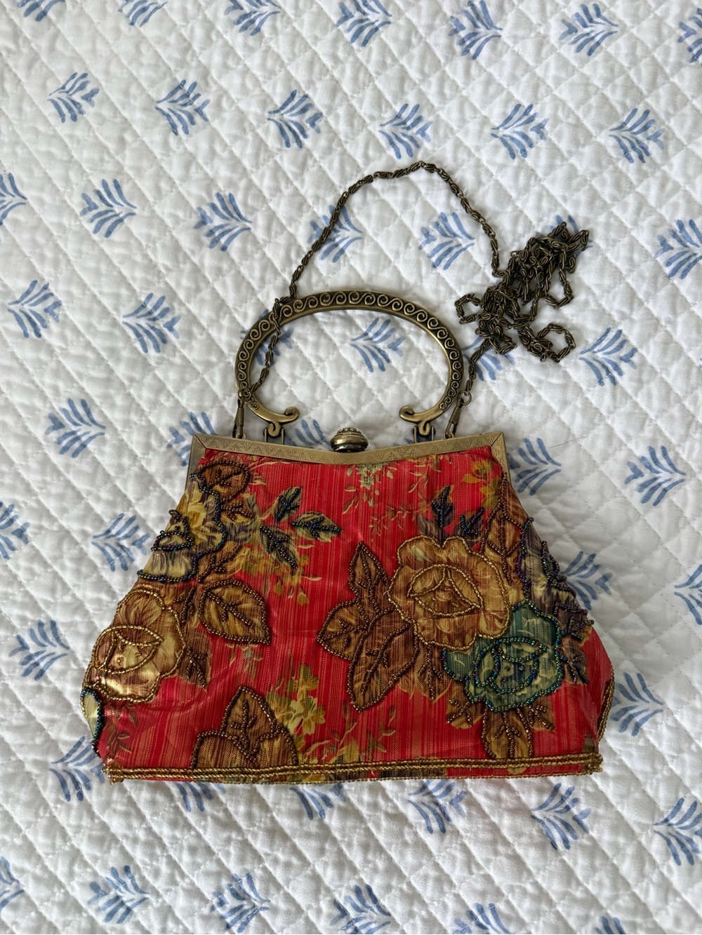 Perfect for Fall! Vintage Floral Rust Handbag with Brass Chain